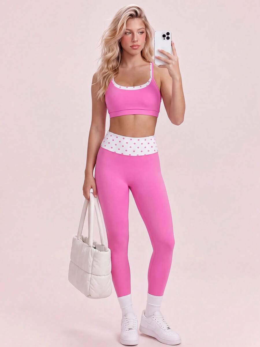Sovereign Charm Women's Polka Dot Patchwork Camisole & Leggings Sports Set - Hot Pink - View 1