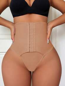 SHEIN Women High Waist Slimming Pants, Button Front G-String Panties - Khaki - View 5