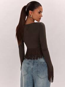 SHEIN BAE 女款純色V領流蘇設計休閒日常長袖上衣 - 咖啡棕 - 查看 2
