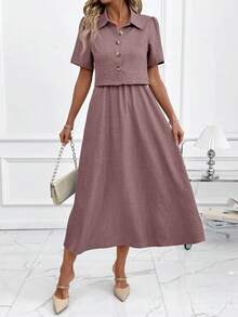 SHEIN Clasi Women's New Elegant Denim Effect Shirt & Camisole Dress 2-Piece Set, Suitable For Commuting And Multiple Occasions - Dusty Purple - View 8