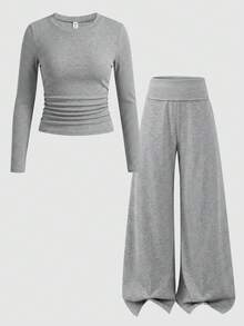 SHEIN Tween女孩 2件組休閒純色修身上衣與喇叭褲套裝，秋冬/四季穿著 - 灰色 - 查看 2