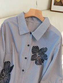SHEIN Clasi 大码休闲通勤花卉条纹印花衬衫 - 黑色 - 查看 5