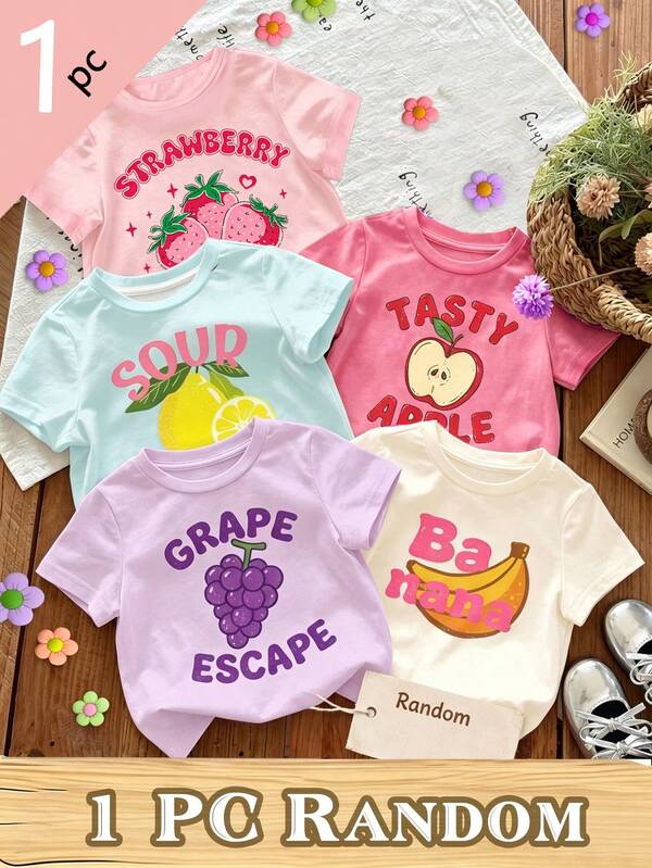 SHEIN (Random 5 Pieces,Send 1 Piece)Girls' Fruit Strawberry Lemon Grape Apple Banana Star Letter Pattern Basic Short T-Shirt, Suitable For All Seasons Daily Wear