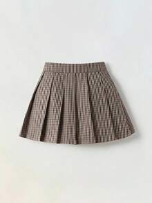 SHEIN 少女時尚格紋百褶迷你裙，校園風 - 卡其色 - 查看 5