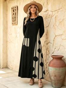 Elouméa Women's Round Neck Black & Apricot Contrast Color Long Sleeve Loose Fit Dress - Black - View 6