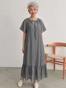 FRIFUL Women's Hollow Neckline Patchwork Pleated Full Skirt Long Dress Summer - Grey - View 3
