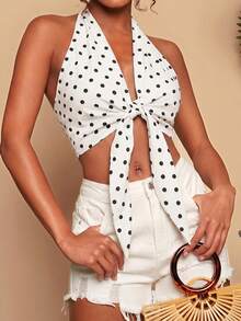 Travachic Women's Polka Dot Pleated Casual Versatile Daily Wear Halter Neck Top - White - View 6