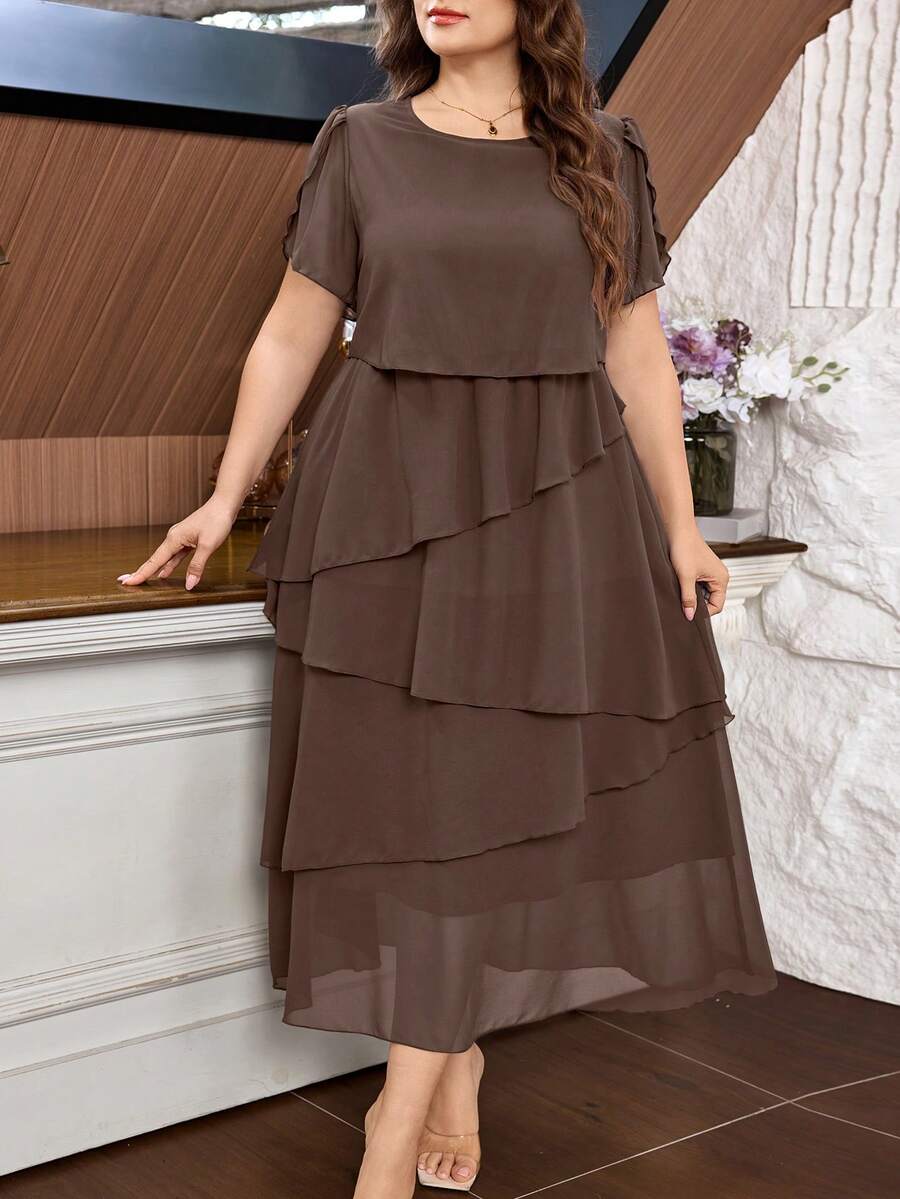 Lacomfia Plus Size Short Sleeve Solid Color Chiffon Multi-Layer Asymmetrical Hem Midi Dress For Women Formal Wedding Guest Brown Summer Elegant - Coffee Brown - View 1