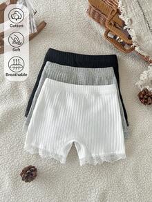 SHEIN 4 piezas de calzoncillos tipo bóxer cómodos de unicolor con patchwork de encaje para niñas - Multicolor - Ver 3