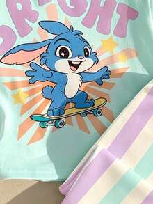 Baby Girl Casual Minimalist Cute Cartoon Blue Rabbit Lulu, Stitch Pattern, Striped, Round Neck Loose Short Sleeve T-Shirt And Leggings Set, Suitable For Spring/Summer, Kawaii, Graphic, Cozy, Vacation Style, Dopamine Color, Looks Of Party - White - View 4