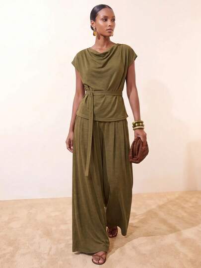Zivah Early Autumn New Arrival Daily Streetwear All-Match Versatile Casual Vacation Elegant Party Holiday Outfit Country Style Commute Brunch Airport Party Festival Office Wear Round Neck 5-Sleeve Asymmetrical Hem Top And Long Pants With Pockets Elastic Waist Tapered Pants Mustard Yellow Set