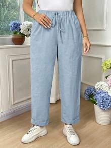 EMERY ROSE Plus Size Women's Cotton Solid Color Waist Tie Pocket Casual Tapered Pants Fall - Baby Blue - View 4