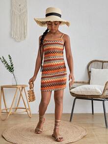 SHEIN Vestido de tirantes no ajustables de punto con ajuste ceñido y diseño geométrico casual de vacaciones para niña preadolescente - Multicolor - Ver 4