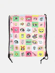 THE POWERPUFF GIRLS X SHEIN Color Block Grid Cartoon Character & Mini Element Print Drawstring Storage Backpack, Portable Drawstring Sack Bag For Sports Gym Travel Daily Carry - Cartoon-3 - View 3