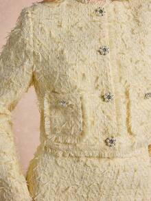 Enchnt Premium Pre-Fall Romantic Women's Elegant Pale Yellow Tweed Frayed Pearl Buttons Jacket,Office Outfits For Women,Going Out Outfits,Social - Yellow - View 4