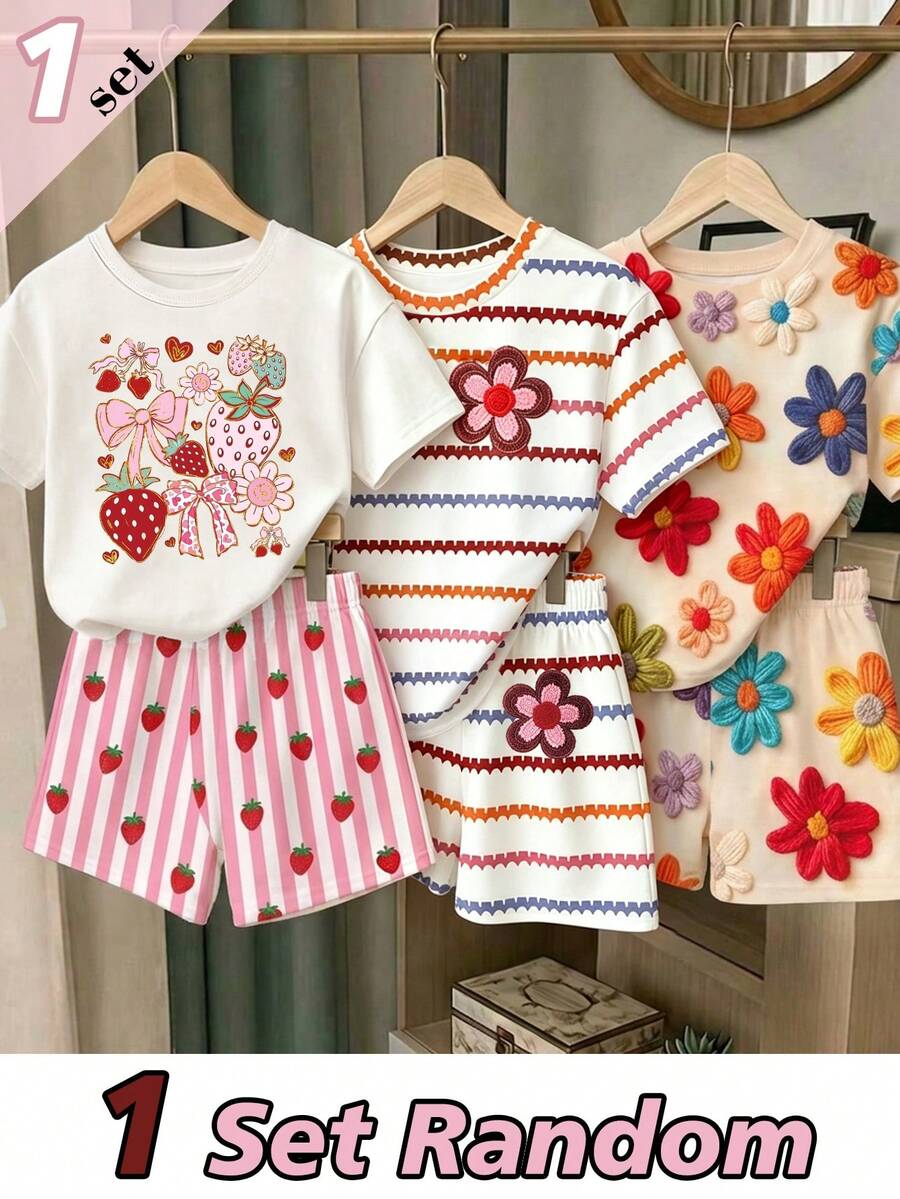 Elladie kids (Random Pattern, 1 Set Random) Girls' Fresh Strawberry Bow Heart Pink White Striped Colorful Floral Striped Pattern Basic Short T-Shirt And Shorts - Multicolor - View 1