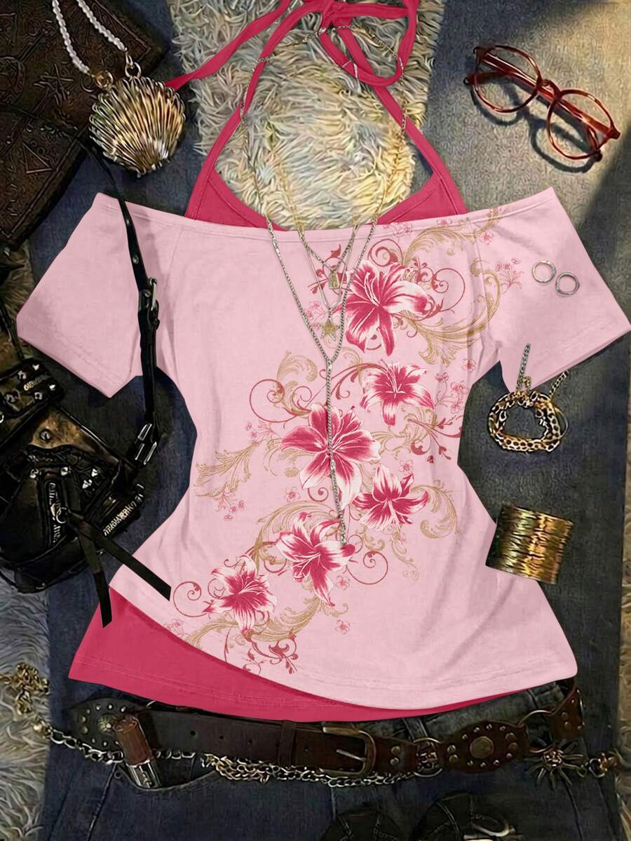 Attitoon Camiseta 2 en 1 de mujer con estampado floral, manga corta raglán y cuello halter - Multicolor - Ver 1
