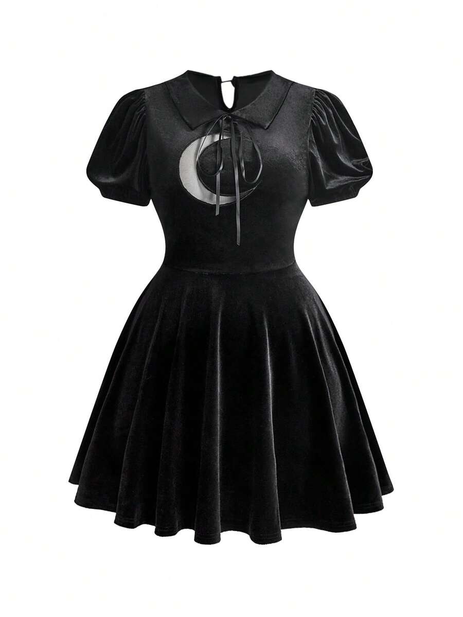 ROMWE Goth 深色哥德風月亮刺繡圖案大尺碼女款短洋裝 - 黑色 - 查看 1