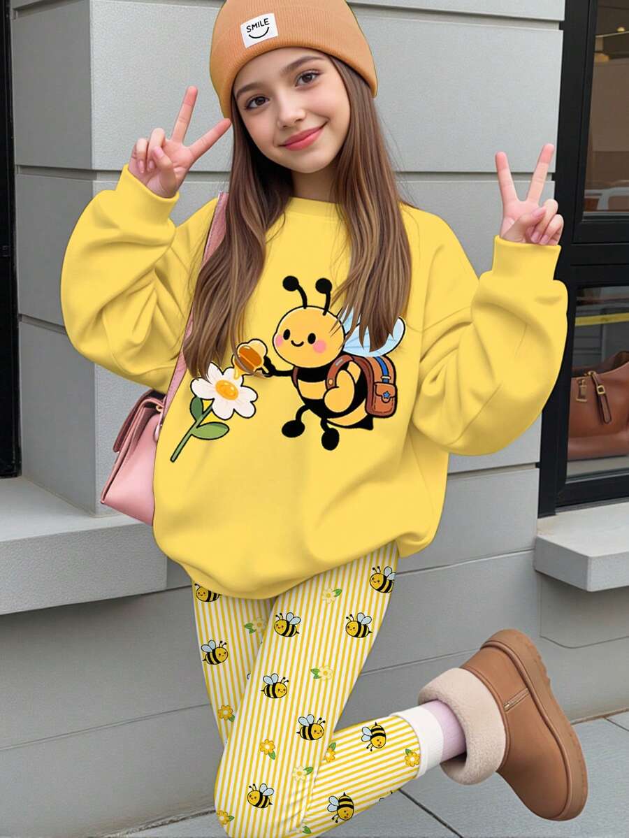 少女可愛蜜蜂圖案花卉田園風蛋黃色圓領長袖衛衣與內搭褲2件套,適合秋冬,舒適女孩套裝,Y2K復古開學穿搭,Kawaii - 彩色 - 查看 1