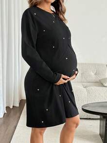 SHEIN Maternity Solid Color Nursing Function Casual Daily Summer Dress Fall Fall/Winter Casual - Black - View 7