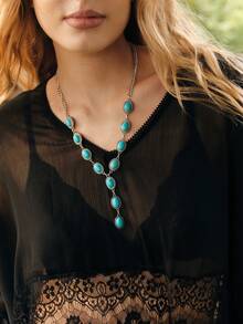 Nocturel 1pc Women's Retro Western Style Turquoise Inlaid Y-Shape Charm Necklace, Suitable For Beach, Holiday, Party, Clavicle Necklace - Multicolor - View 5