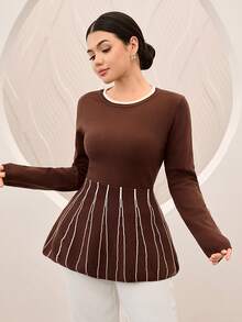 Graceveil Sweater Fashion Wanita Lengan Panjang Bergaris dengan Kerah Bulat dan Hiasan Ruffle di Bagian Bawah - MultiWarna - View 3