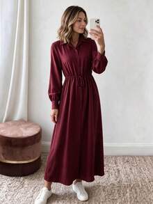 Louniche Gaun Wanita Elegan Lengan Panjang dengan Kerah Kemeja Bertali Depan Warna Merah Marun - Merah - View 3