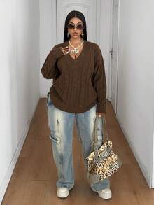 Maweii Plus Size Women's Cable Knit Textured Casual Vintage Fashion Sweater - Coffee Brown - View 4