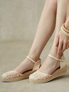 Styleloop Women's Hemp Rope Straw Weave Wedge Heel White Lace Mesh Women's Wedge Heel Shoes Sandals Hemp Rope Shoes Bohemian Style Vacation Beach Seaside - Apricot 2 - View 2