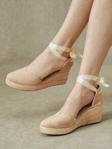 Styleloop Women's Shoes, Brown, Woven Hemp Rope Straw Shoes, Wedge Heel Platform Sandals, Height-Enhancing Holiday Bohemian Wear - Apricot - View 11