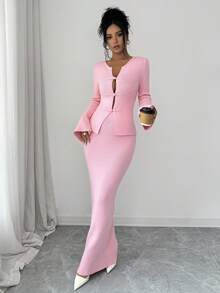 SHEIN Elenzya Women's Autumn/Winter Pink Knitted Sweater & Skirt 2-Piece Set, Light Pink New Chinese Style Frog Button Knitted Set, Gentle Minimalist Sexy Style, Early Spring Outfit For Dating, Spring Outing, Birthday, Flattering Flare Sleeve Cardigan, High Waist Wide Leg Long Skirt, Commuter Atmosphere, Bestselling Inner Layer, Women's Office Wear, Women's Commuter Set, Outdoor Outfit, Wearable Knitted Set - Baby Pink - View 7
