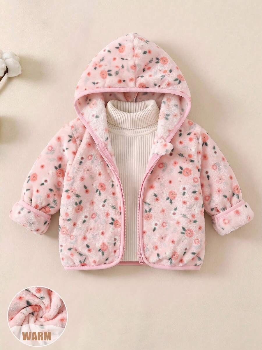SHEIN Baby Girl Ditsy Floral Hooded Jacket - Pink - View 1