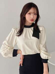 FRIFUL 女式长袖拼色系带上衣，秋装 - 杏色 - 查看 1