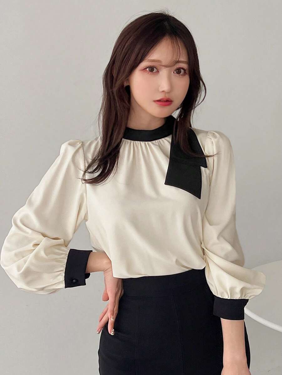 FRIFUL 女式长袖拼色系带上衣,秋装 - 杏色 - 查看 1
