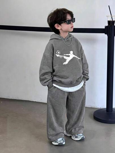 SHEIN 2pcs Kids Tween Boy Casual Streetwear Korean Style Snowflake Hooded Long Sleeve Sweatshirt And Solid Color Elastic Waist Sweatpants Set, Suitable For Back To School, Birthday, Baby Shower, Holiday Party, Autumn/Winter