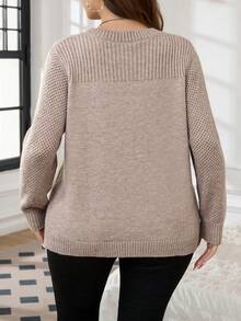 SHEIN LUNE 大码女式纯色圆领长袖休闲套头毛衣秋冬季 - 卡其色 - 查看 2