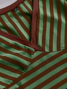 Rustia Plus Size Spring/Summer V-Neck Asymmetrical Striped Short Sleeve T-Shirt - Green - View 5