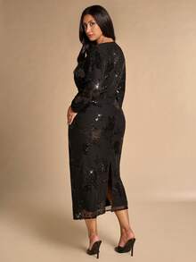 SHEIN BAE CURVE 大尺碼女款黑色網紗亮片長袖洋裝 秋季 - 黑色 - 查看 6