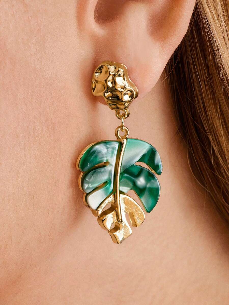 Nocturel 1 Pair Turtle Leaf Earrings, Green Leaf With Golden Flower ...