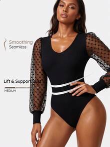 SHAPORA Women Solid Seamless Waist Cincher Briefs Bodysuit Heart Jacquard Mesh Lace V-Neck Long Lantern Sleeve ShapewearTummy Control For Multiple Ocassions - Black - View 6