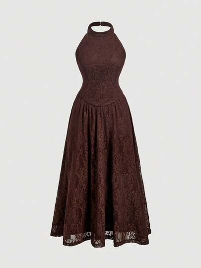 SHEIN MOD Elegant Halter Brown Lace Midi Dress For Women Formal Occasions,Brown Dresses For Women Elegant Party,Party Dresses, Halloween Outfit