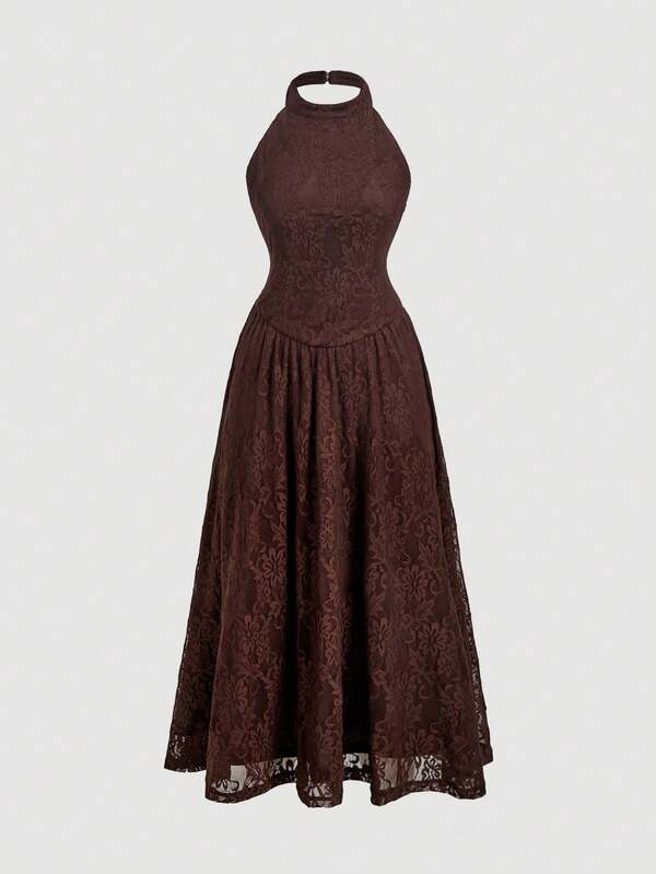 SHEIN MOD Elegant Halter Brown Lace Midi Dress For Women Formal Occasions,Brown Dresses For Women Elegant Party,Party Dresses, Halloween Outfit