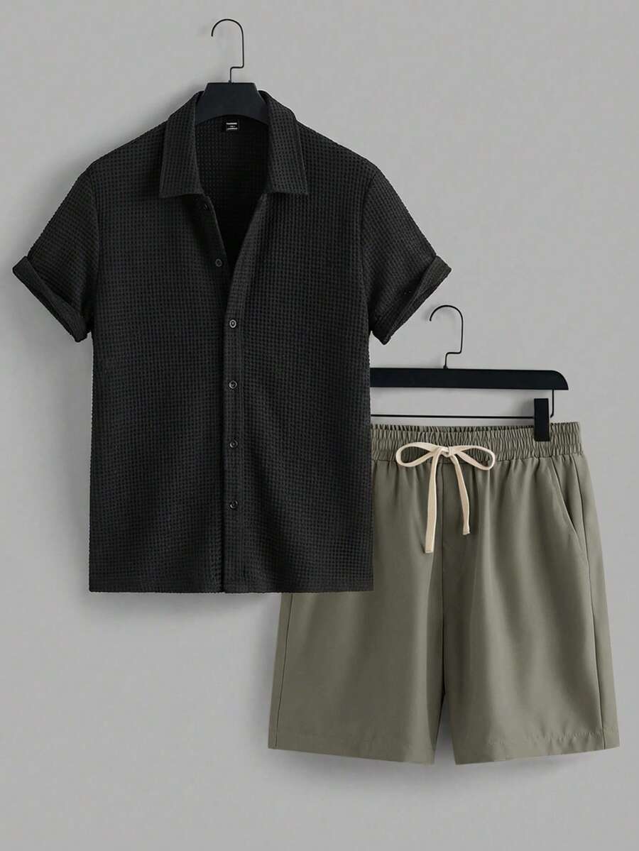 VIVINTIMO Men's Casual Waffle Fabric Short Sleeve Shirt And Drawstring Waist Shorts Set, Suitable For Summer Daily Commute, Holiday - Multicolor - View 1