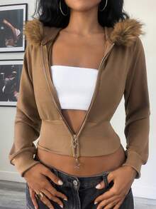 Jeanoix Autumn Casual Fur Collar Hooded Cropped Jacket - Grey - View 5