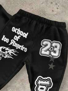 SHEIN Tween Boy 秋季新品，休闲简约风格，涂鸦手绘星星字母图案，运动街头风，Y2K 超大连帽衫喇叭裤两件套，适合秋冬 - 彩色 - 查看 4