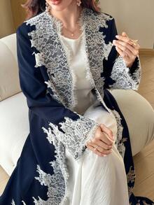 Al Najma 女款優雅日常蕾絲拼接寬鬆顯瘦刺繡穆斯林時尚拼接長袍 - 藏蓝色 - 查看 8