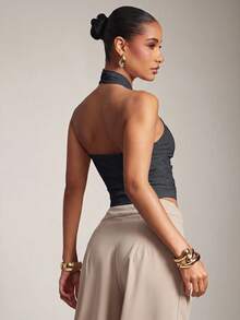 Hauture Women's Sexy Solid Color Halter Metal Stylish Backless Top For Office, Casual Style - Royal Blue - View 3