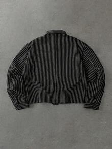ROMWE MEN Men's Loose Striped Long Sleeve Shirt With Calligraphy Print - Black - View 3