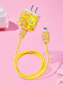 LOONEY TUNES X SHEIN 數據線保護套，適用於 iPhone 充電器，4 件組手機線材保護套，充電器保護套（不含數據線） - 黃色 - 查看 5