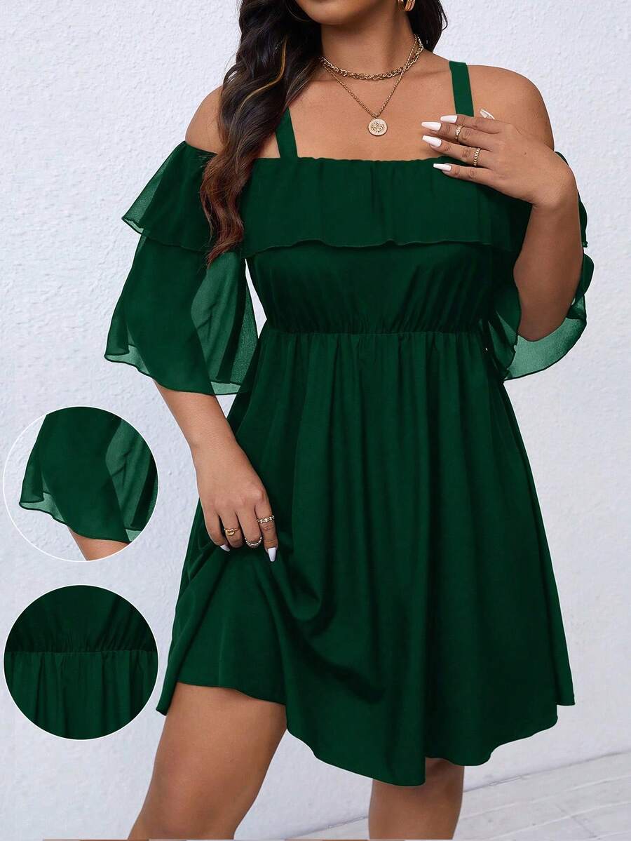 SHEIN LUNE Vestido elegante con volantes y hombros descubiertos de unicolor para mujeres de tallas grandes - Verde Oscuro - Ver 1